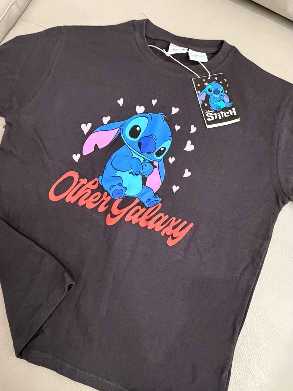 Disney Black Long Sleeve Tee with Blue Stitch & Pink Accents